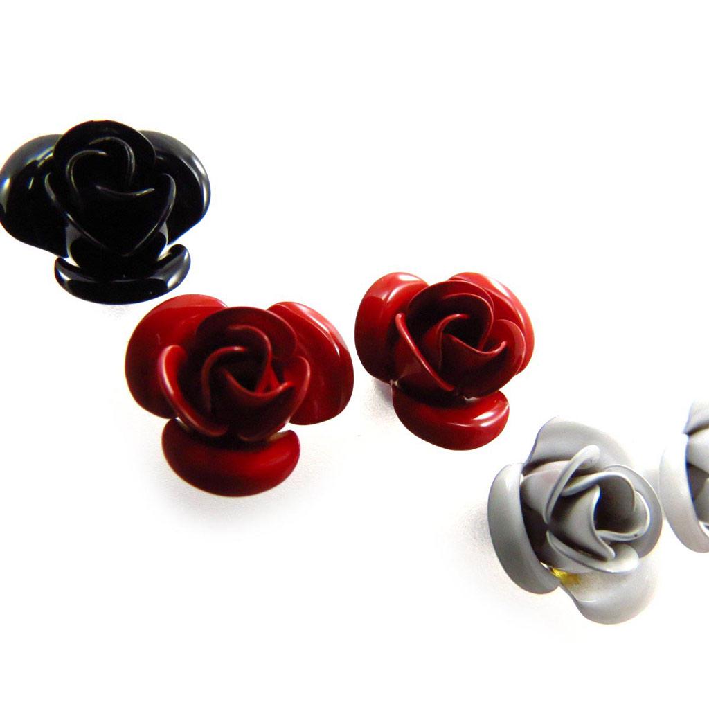 Les Trésors De Lily [J6695] - 3 Pairs of 'Rosa Romantica' Earrings Black Red White