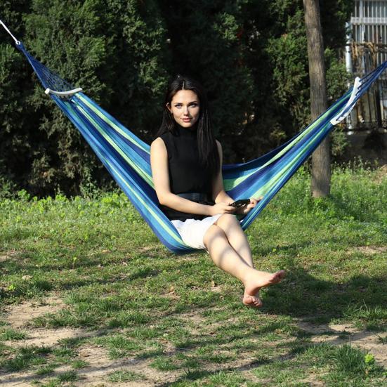 Outdoor Striped Hammock with Rope Bag, Portable Canvas Single Person Hammock, Tree Hanging Hammock for Camping Garden Patio Backyard Porch