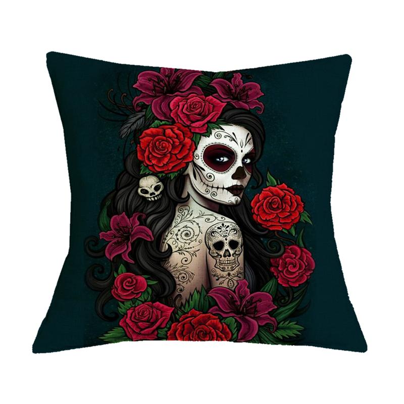Undead Flower Skeleton Print Pattern Cushion Cover for Home Living Room Sofa Decoration Square Pillow Cover