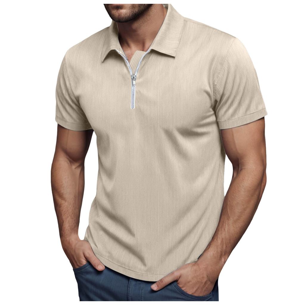 Men's Summer Loose Tee Corduroy Half Zipper Lapel Short Sleeved T-Shirt Solid Color Lightweight And Breathable Shirts Tops