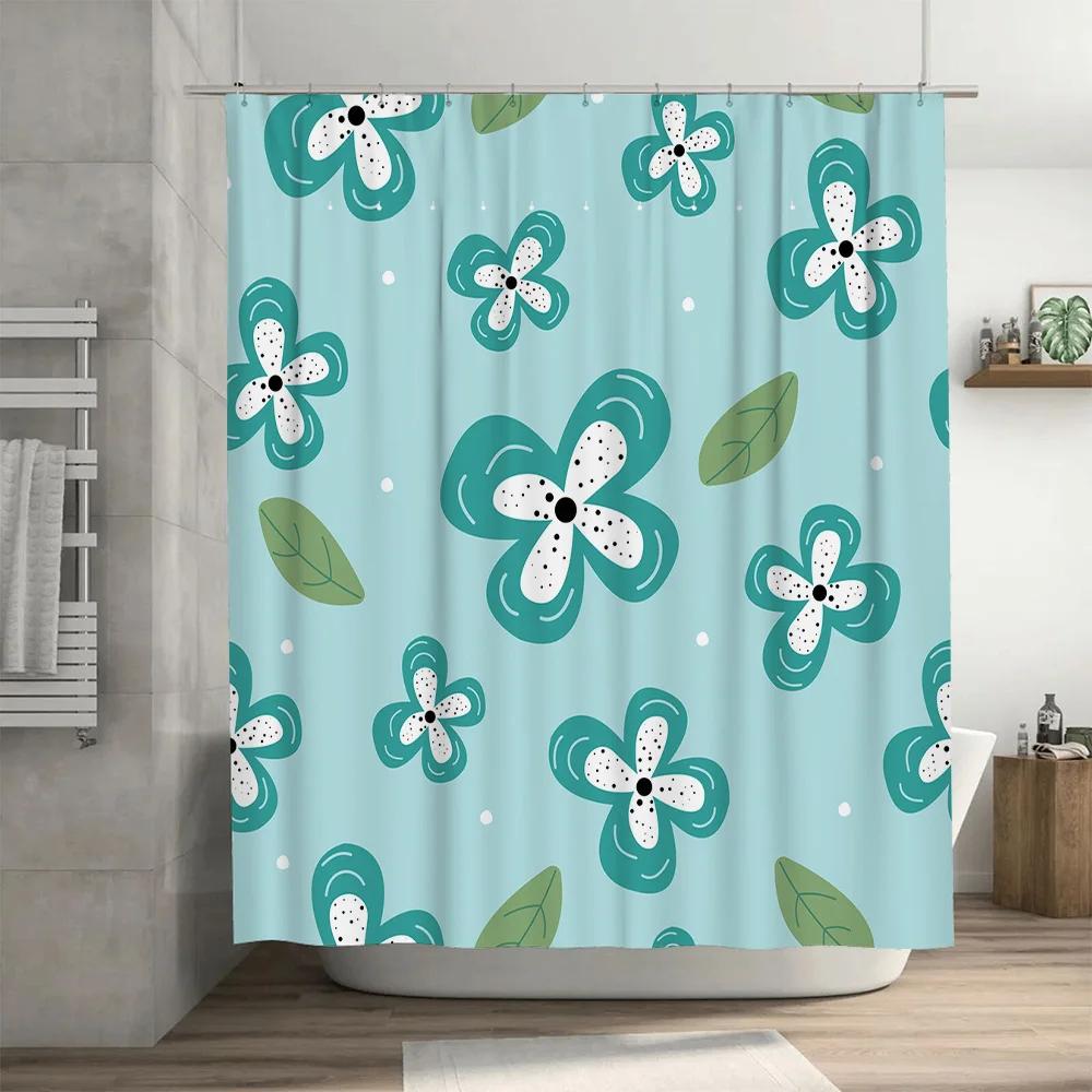 Stylish Blue Floral Shower Curtain with Leaf Design for Bathroom Decor Quick Dry Waterproof Fabric