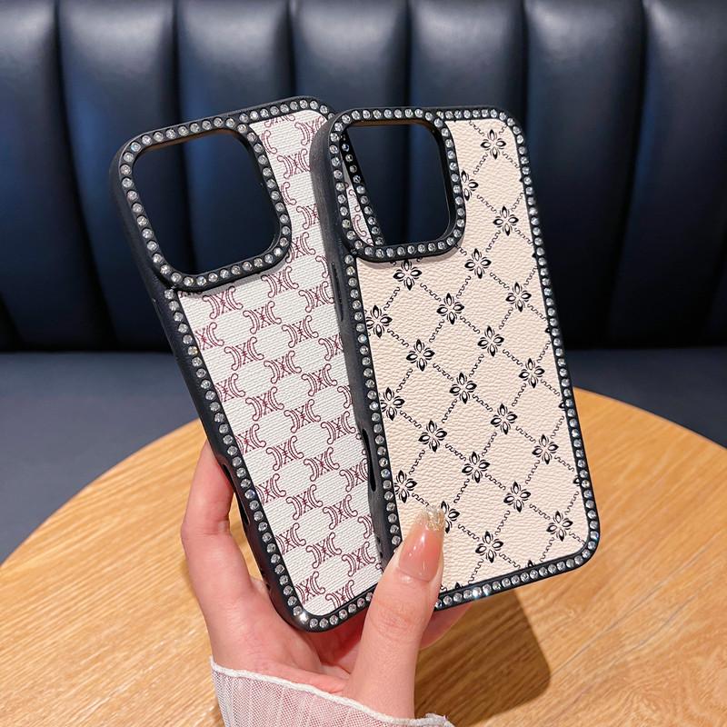 Applicable To IPhone16 Leather Mobile Phone Case Side Diamond Apple 15proMax Trendy Diamond 14 Protective Case