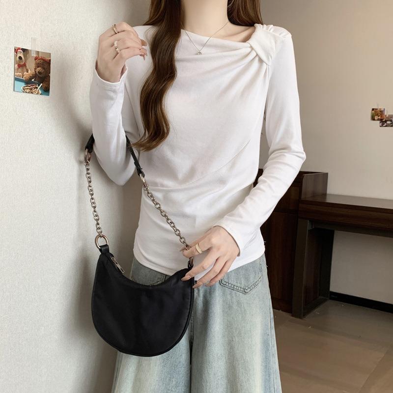 

Autumn and winter fleece polished warm bottoming shirt women s inner slim-fitting diagonal collar pleated design long-sleeved T-shirt tide XL білий
