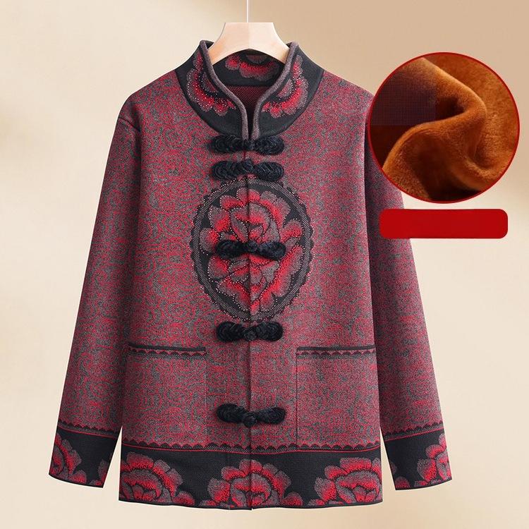 Middle-aged and Elderly Mothers with Velvet Year of Zodiac Tops for Seniors Grandma Spring and Women Knitted Sweater for New Year's Jacket