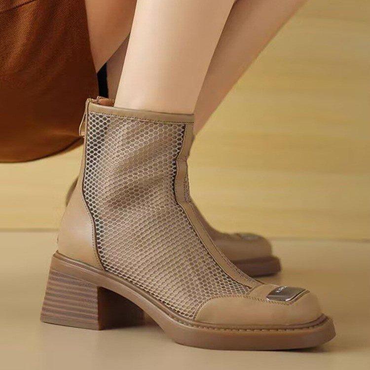 Retro Martin Boots Women's Summer Thin New Thick Heel Mesh Hollow Sandals Breathable Soft Sole Short Boots Cool Boots