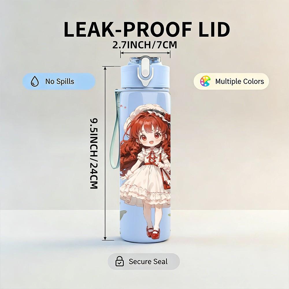 1PC Long Hair Girl Red Rose Ornament Pattern 750ml Color Plastic Sports Water Bottle Leakproof Flip Straw Lid Suitable for Sports Office Home Use