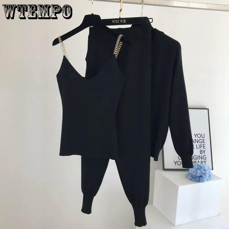 Women Zipper Knitted Cardigans Sweaters + Pants + Chain Vests Three-Piece Set Lady Jumpers Trousers Costumes Outfit Suit