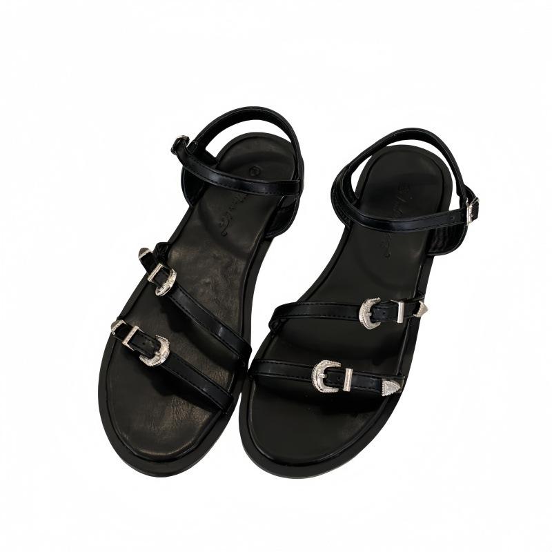 2025 summer new retro one-word buckle with flat sandals women's low-heeled beach shoes open-toed Roman women's shoes