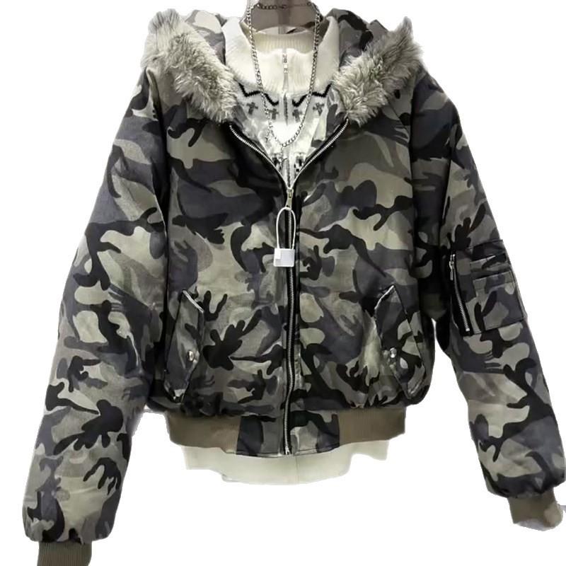 Mens Camo Puffer Jacket Winter Thick Hooded Bomber Streetwear Casual Warm Coat