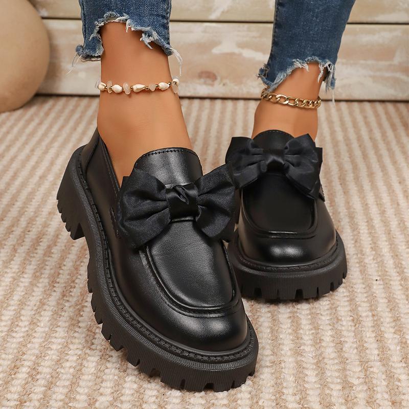 Fashion Fashion Bowknot Penny Loafers for Women 2025 New Patent Leather Slip On Casual Shoes Woman Thick Sole Non Slip Black Work Shoes
