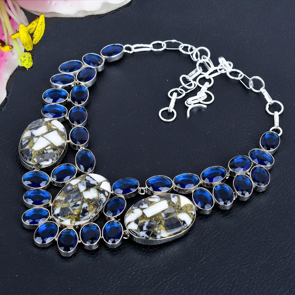 Zebra Jasper, Blue Topaz Gemstone 925 Sterling Silver Jewelry Necklace 18" KG-1842
