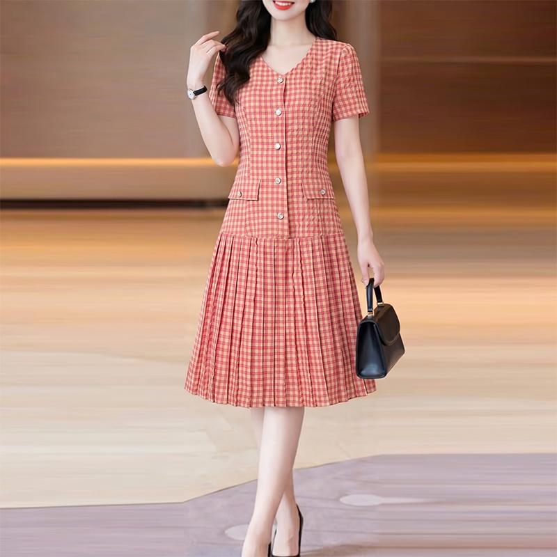 ZANZEA Women Grid Print Casual V-Neck Short Sleeve Pleated Dress S красный