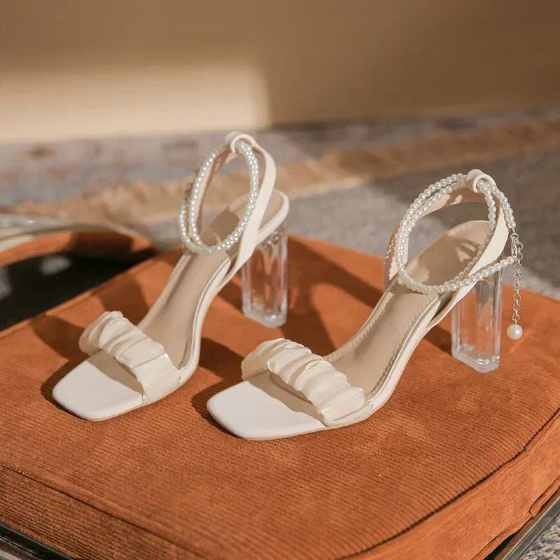 

Модная обувь на высоком каблуке для женской новой летней верхней одежды, прозрачные хрустальные сандалии, жемчужные римские сандалии, женская обувь, женские каблуки 39 белый