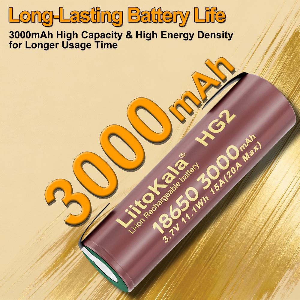 LiitoKala 18650 HG2 3000mAh 3.7V Lithium Battery, 20A Continuous Discharge