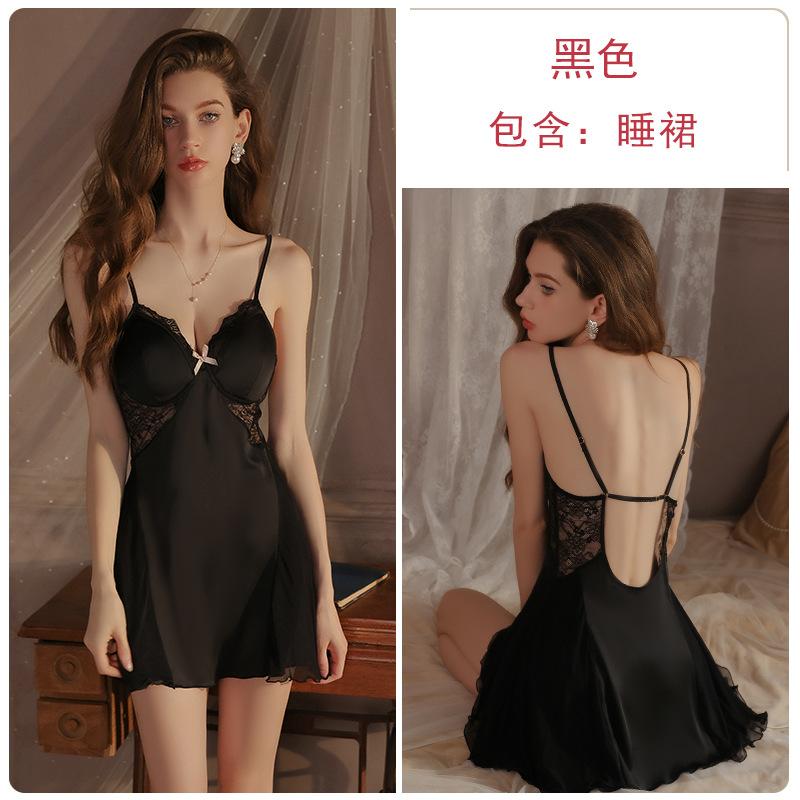 

Sweet temptation satin pajamas sexy perspective lace plus chest pad pajamas loungewear set M чёрный