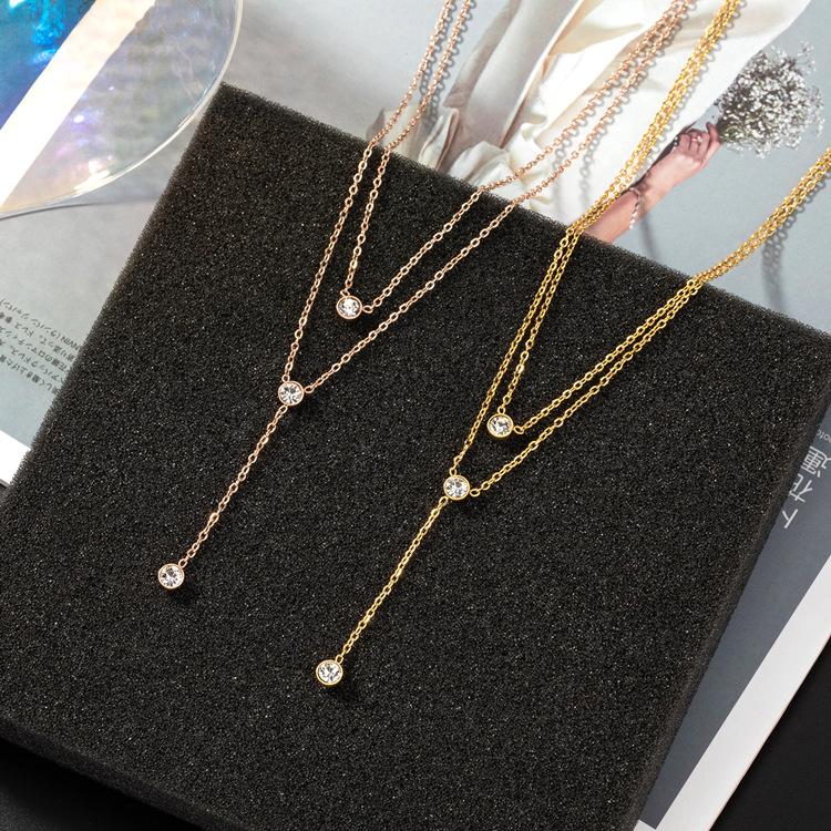 Minimalist Women's Double-Layered Stainless Steel Link Chain Necklace with Zircon Tassel Trendy Fashion Ins Collarbone Style