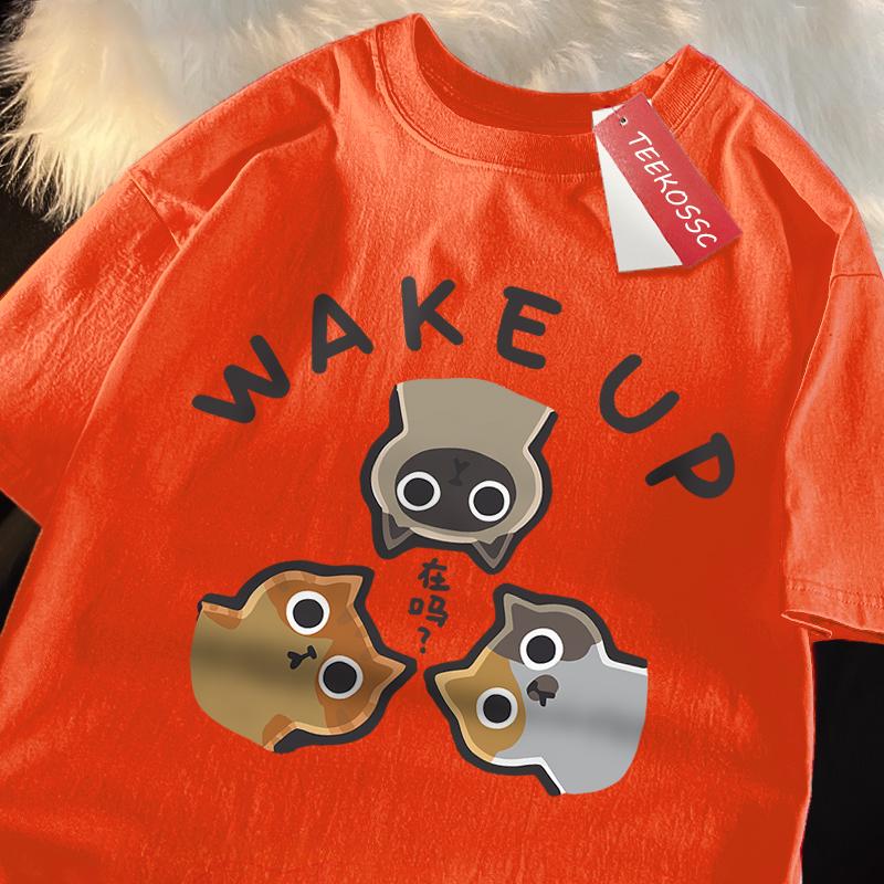 Wake Up 3 Onlookers Of Cats Japanese Style Menswear Cotton Tee Clothes T-Shirts Oversized Quality Shirts Fashion Crewneck Tshirt