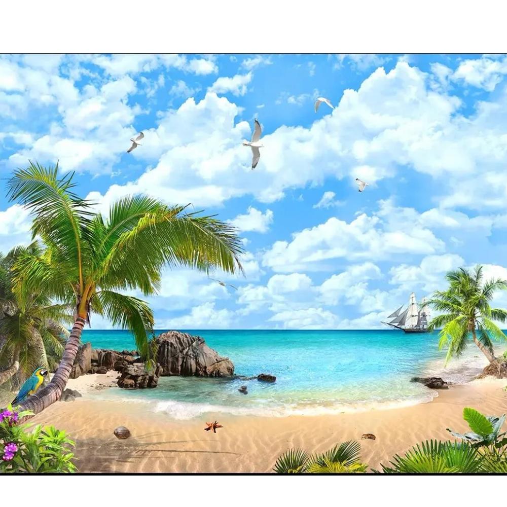 Blue Sky White Clouds Seascape Coconut Trees Decor Living Room 3d Wall Murals Wallpaper