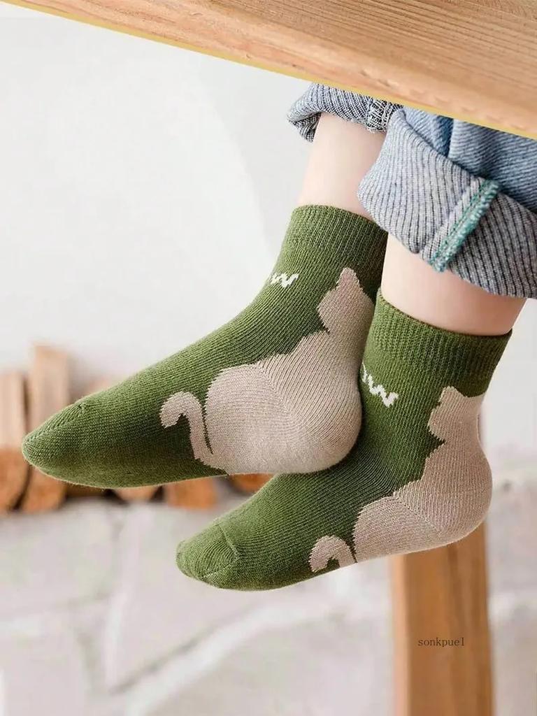 5 Pairs of Four-season Baby Socks Spring & Fall Cartoon Kitten Winter Mid-tube Kidsren's Socks Boys and Girls Kidsren's Socks