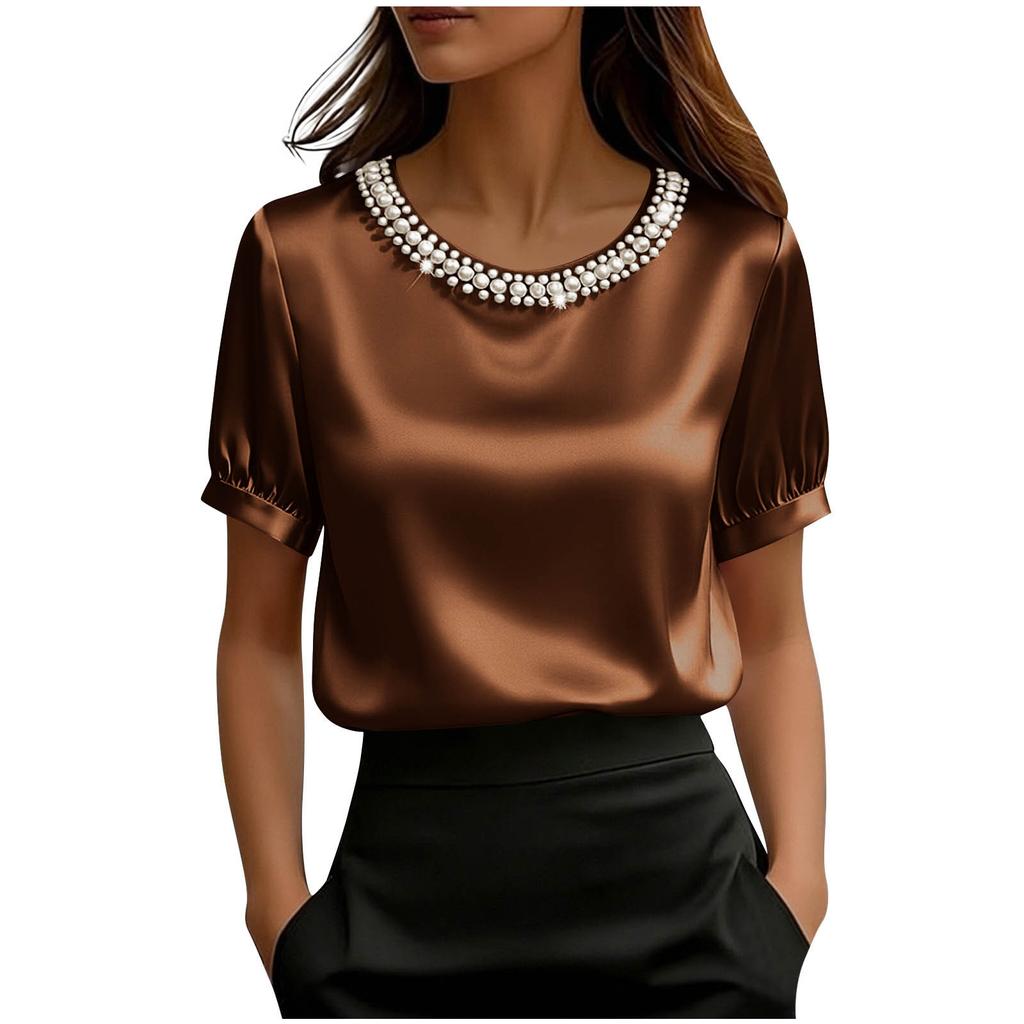 T-shirt da donna alla moda, vestibilità ampia, manica corta in raso, con colletto di perle