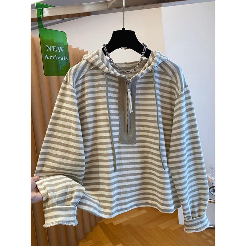 2026 Spring/Fall Korean Style Striped Loose Fit Plus Size Hooded Knit Sweatshirt for Women 2XL