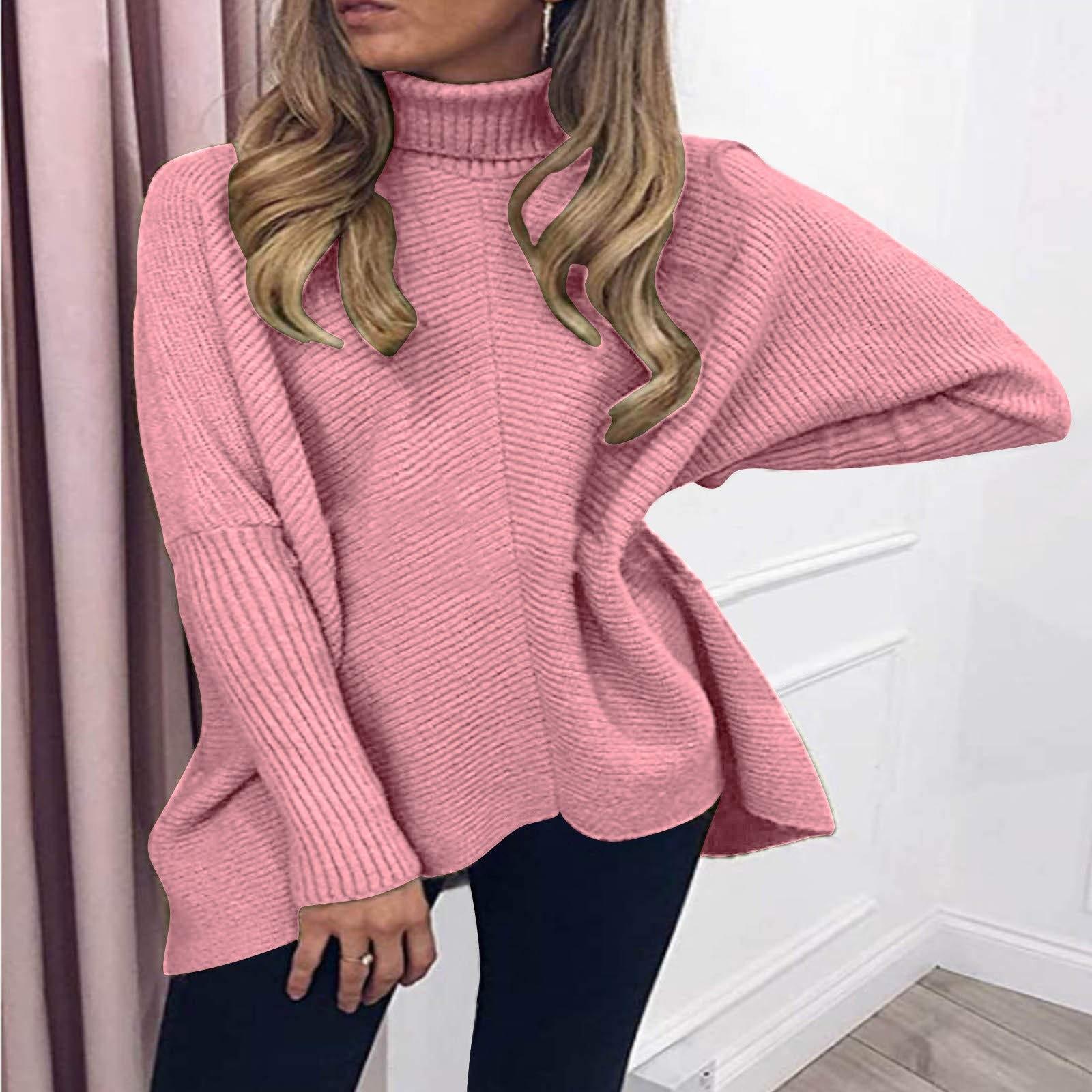 

Fashion Women Casual O-Neck Turtleneck Solid Color Long Sleeve Pullover Sweater XXXL рожевий