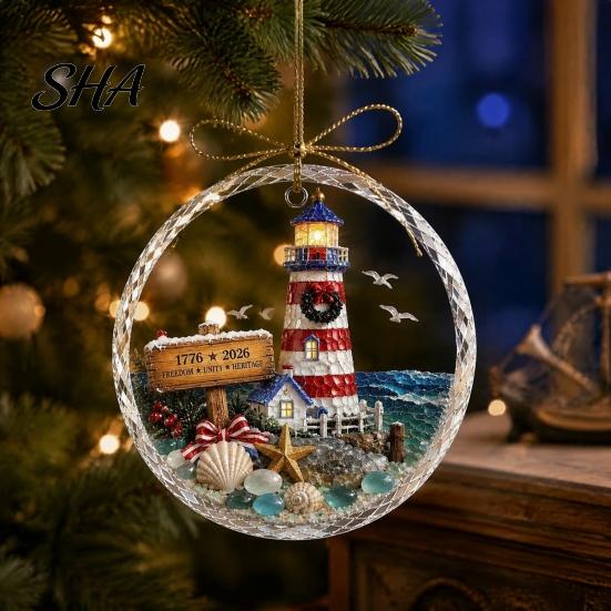 Crystal Texture Gift Tag 250 Anniversary USA Sea Glass Christmas Ornament, 1776-2026 Patriotic Faux Red Blue Festive Accents Clear Keepsake,
