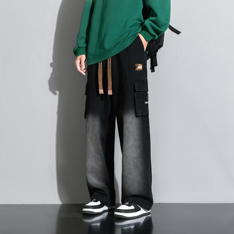 Jeans American Street Retro Elastic Waist Denim Men's Loose Straight Wide-leg Trousers