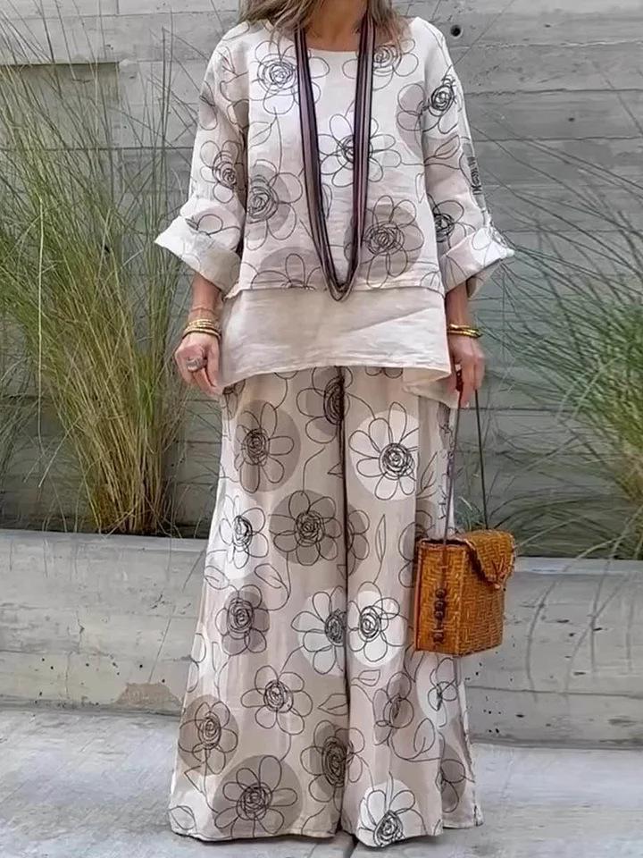 Women Bohemian Floral Print Two Piece Set V Neck Top Wide Leg Pants Casual Vacation Outfit