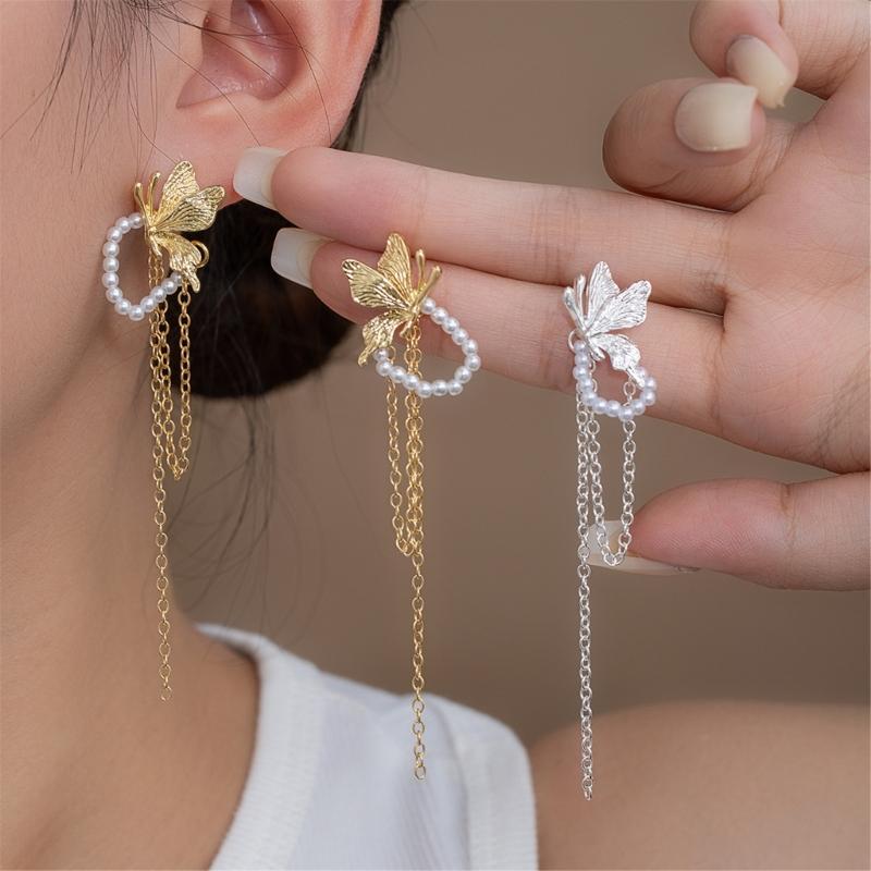 Elegant Butterfly Jewel Drop Earrings With Silver Posts Alloy Lightweight Design For Sensitive Ears