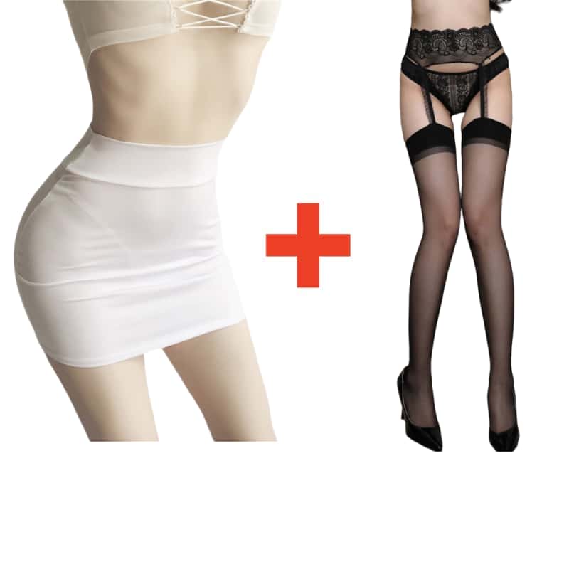 2PCS/SET Women High Waist Pencil Mini Skirts+Stockings Dress Set,Sexy Casual Wrap Hips Black Short Skirt and Pantyhose
