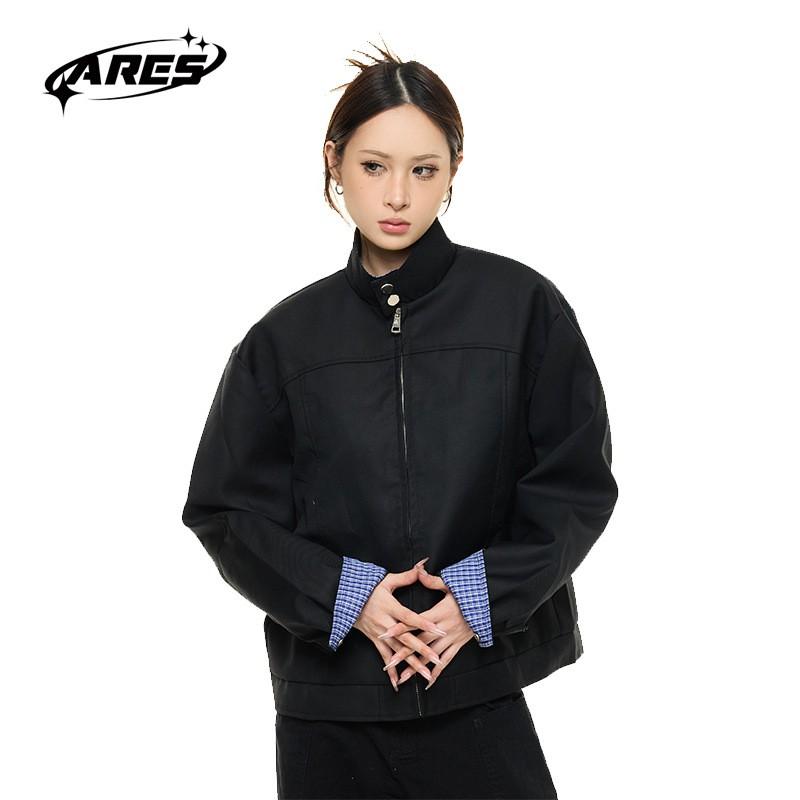 ARESWINGS Plaid Stand Collar Harrington Jacket Loose Fit Casual Outerwear Men Women