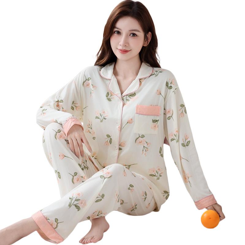 Elegant and generous pajamas women's autumn high-end long-sleeved trousers small floral middle-aged loungewear imitation cotton suit