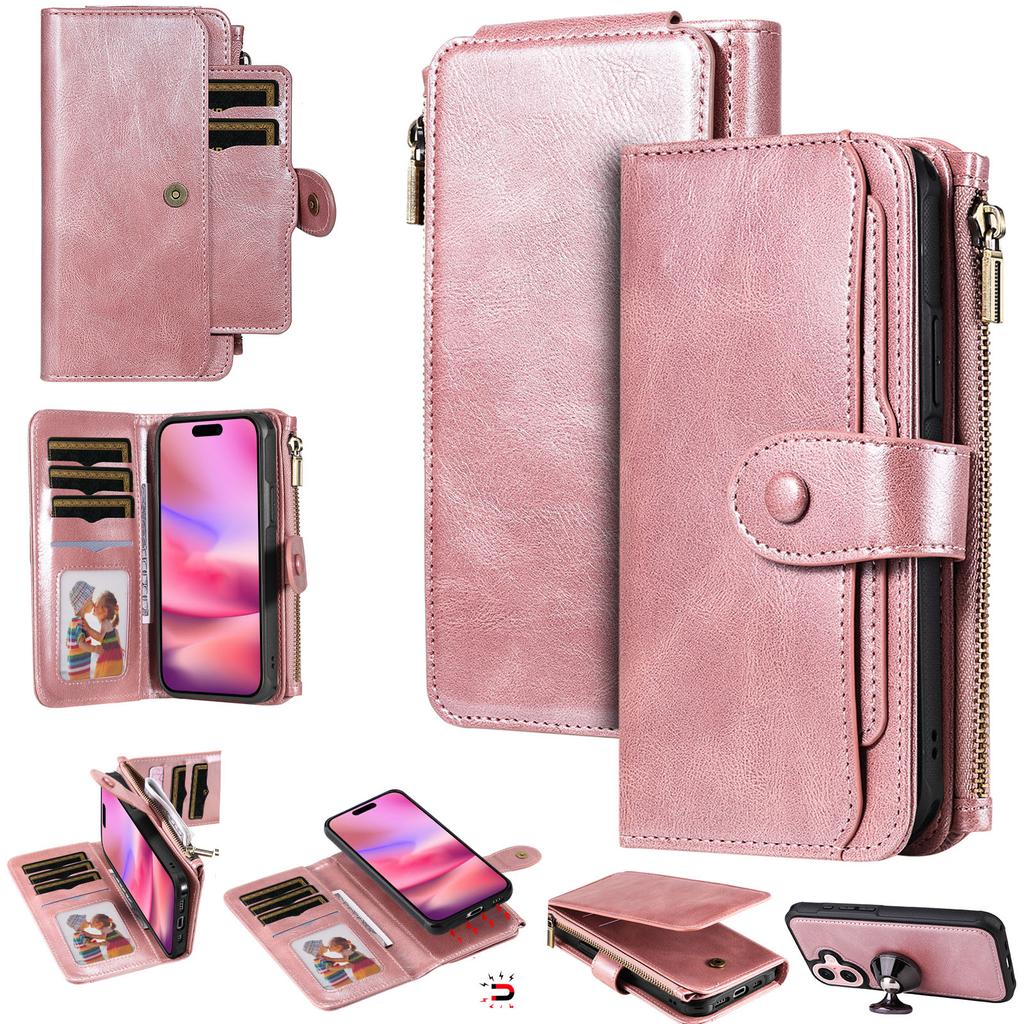 For iPhone 17 Phone Case PU Leather Zipper Wallet Detachable Cover