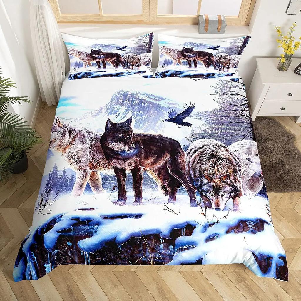Black Wolf Moon Duvet Cover Set Wolf Howling Bedding Sets for Boys Vintage Oil Paint Wild Animal Bed Sets Purple Blue and Black