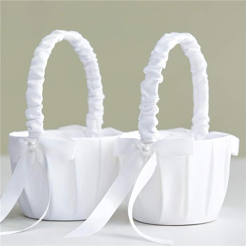 Elegant Wedding Flower Girl Basket White Cute Satin Holder Ring Pillow Flower Storage Basket for Party Wedding Decoration