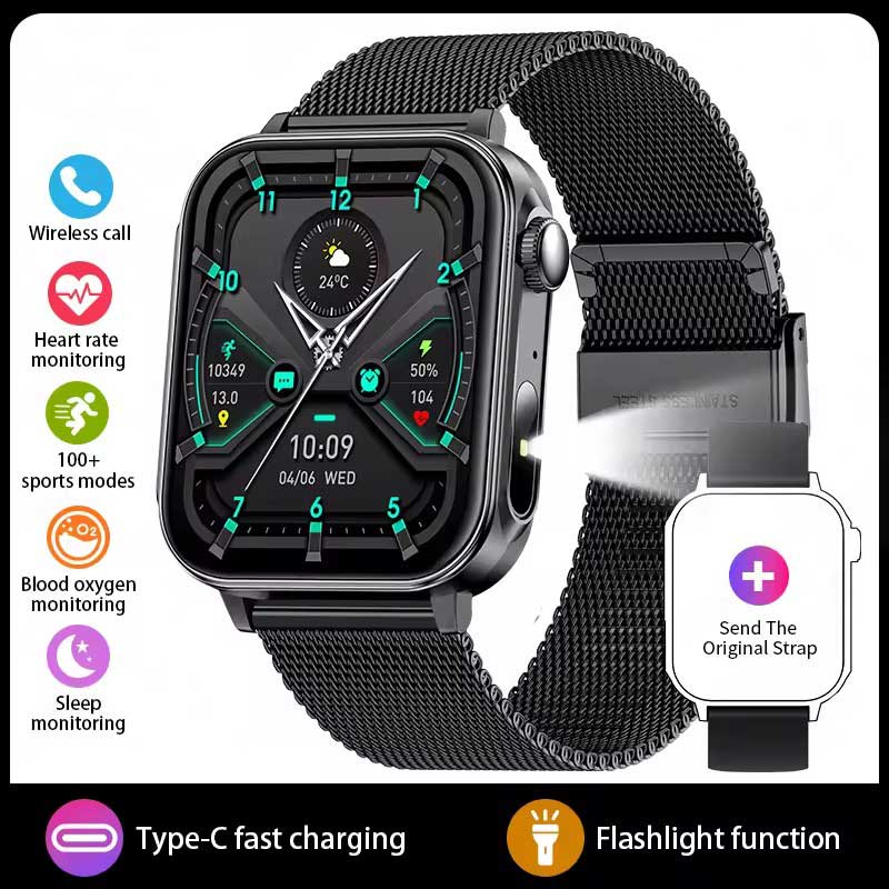 LUCKY START Type-C Fast Charging Smart Watch Men Women Health Manager Bluetooth Call LED Flashlight Waterproof Sport Fitness Smartwatch