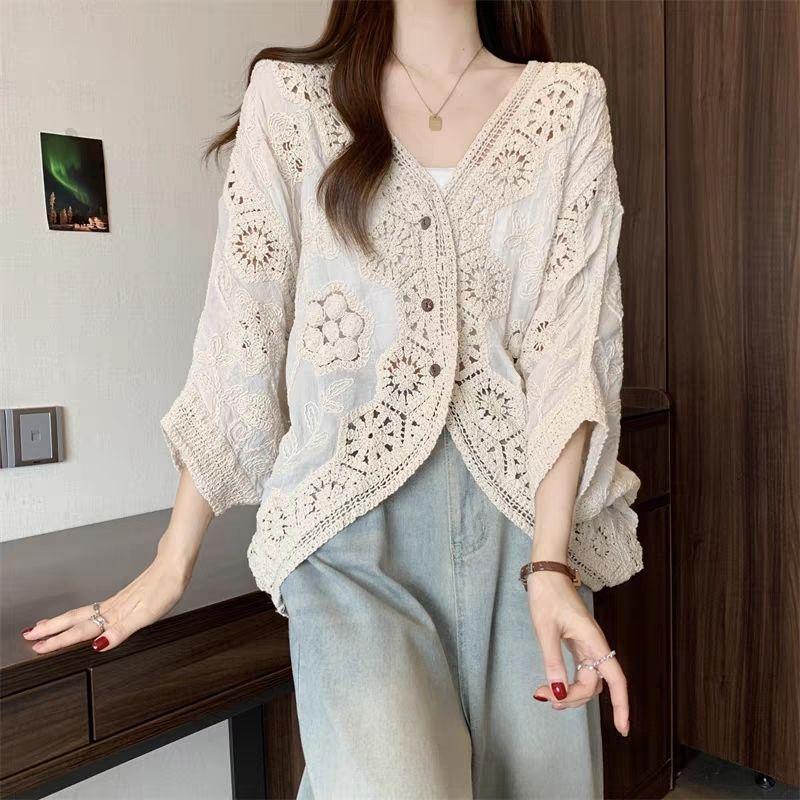 Bohemian Women's Crochet Hollow Lace Cardigan Top Summer Loose Plus Size Sun Protection Cardigan