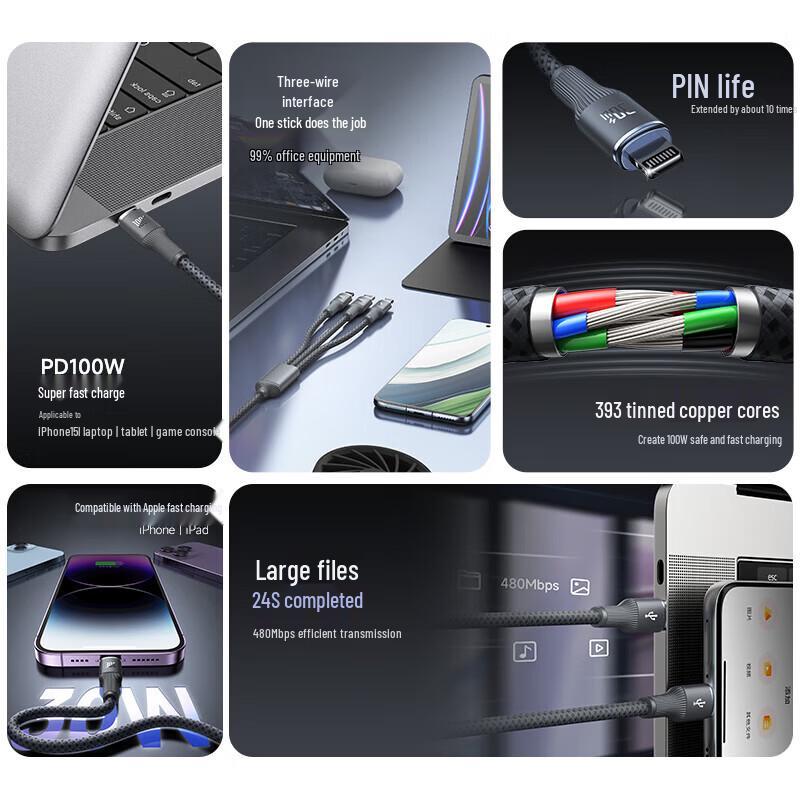 W&P 3-in-1 PD 100W Fast Charging Braided Data Cable