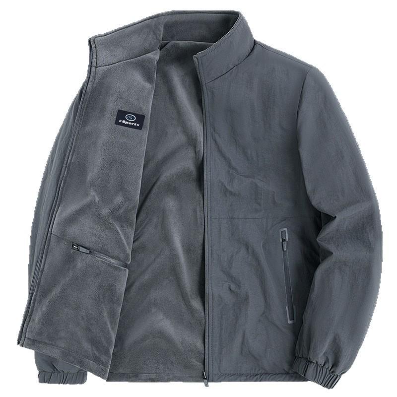 Autumn 2025 Men's Double-Sided Nylon Stand Collar Jacket - Loose Fit with Plush Lining for Middle-aged and Elderly