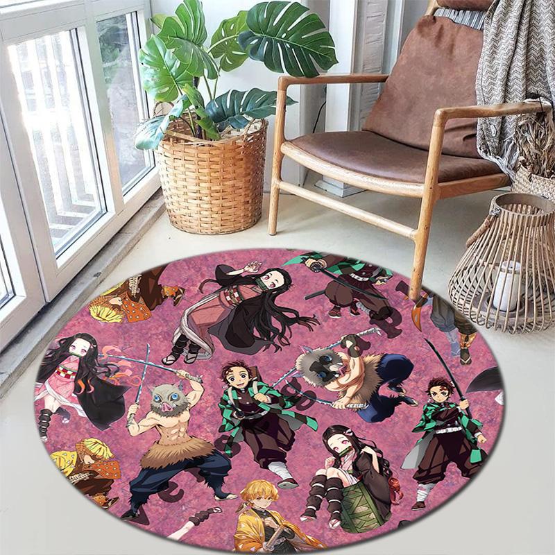 Classic Japanese-style Cartoon Demon Slayer Round Rug, Home Soft Decorative Anti-slip Yoga Mat and Chair Mat, Outdoor Floor Mat Carpet K24
