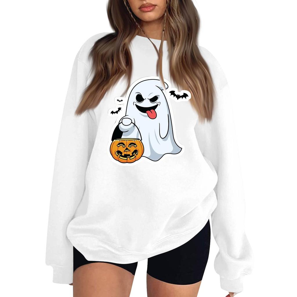 Women's Color Neck Long Sleeve Loose Fit Sweatshirt with Halloween Print
