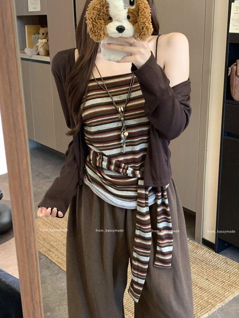 Autumn 2025 Spicy Girl Striped Tie-Up Strapless Shawl Jacket