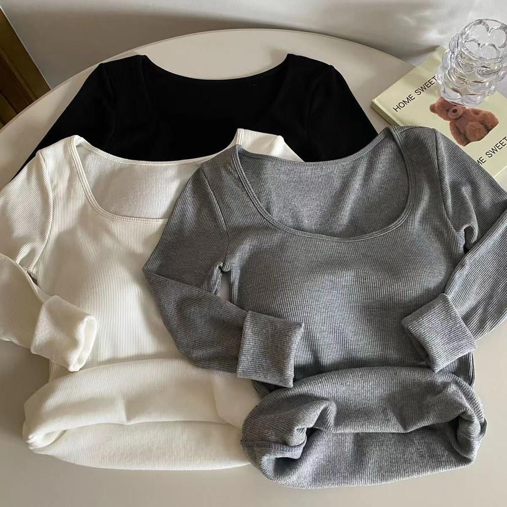 Warm Woolen Thickened Square Collar Collarbone Long Sleeve T-shirt Women's New Autumn and Winter Slimming Inside with A Base Shirt Top