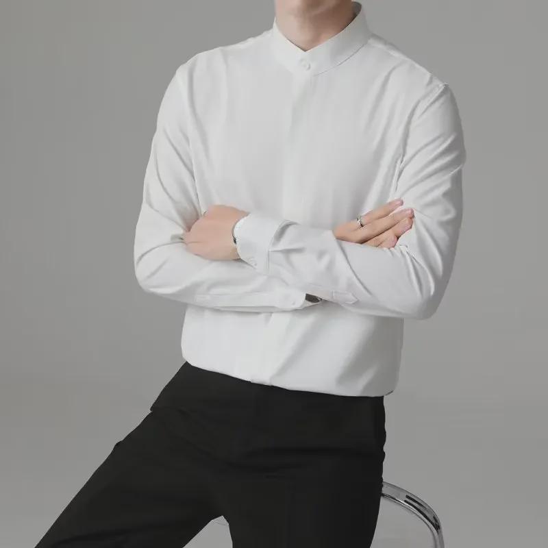 

Мужская рубашка облегающего кроя с длинными рукавами, не требующая глажки - осенний корейский стиль, легкая, зрелая деловая одежда M белый