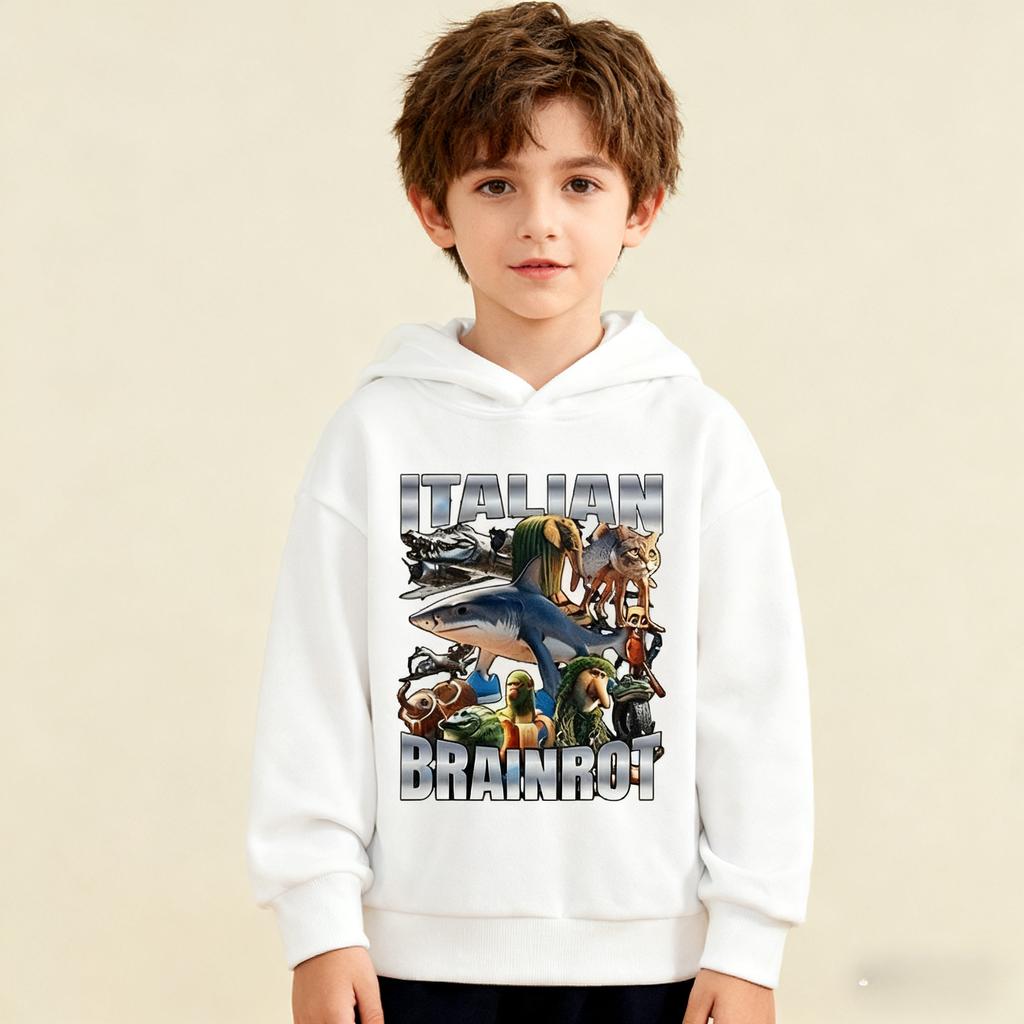 Autumn Winter "Italian Brainrot" Animal Graphic Printed Hoodies Fashionable Casual Warm Sports Long Sleeved Children's Boy Hooded Sweatshirts