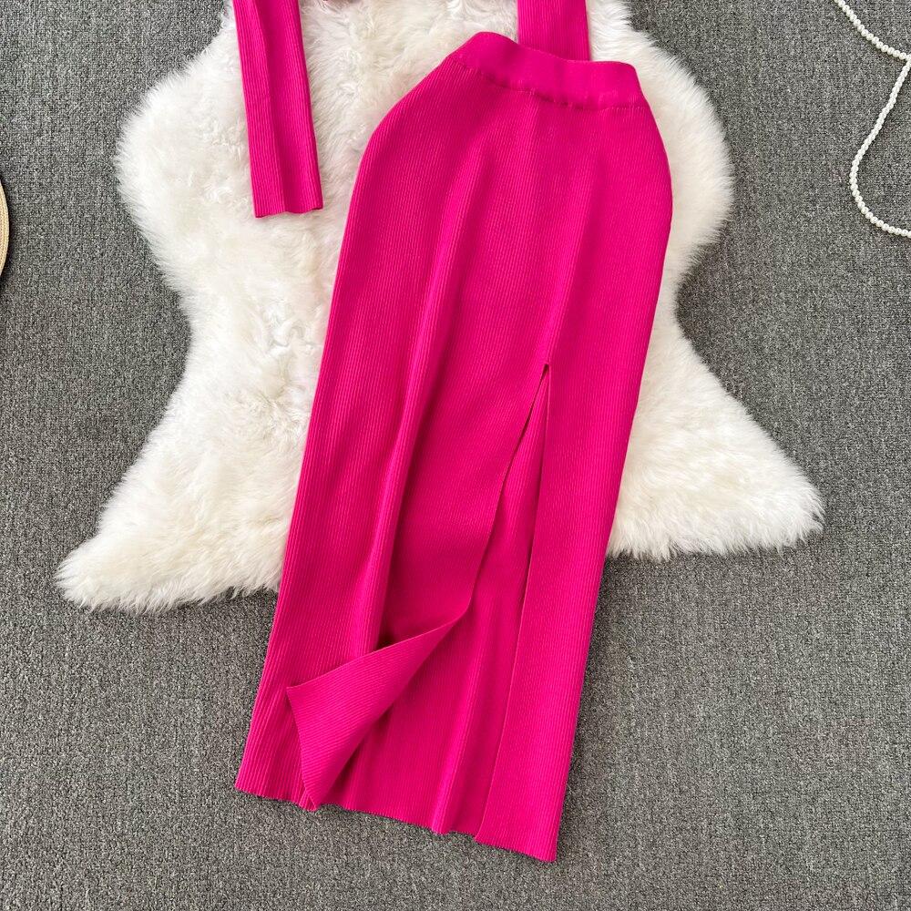 Retro Módní Oblek Spice Spice Styl Kulatý Výstřih Krátký Top + Sukně z Úpletu s Vysokým Pasem a Rozparkem Dvoudílný Set