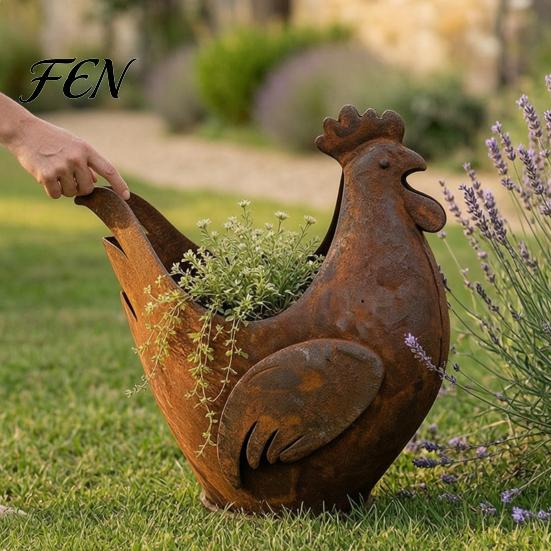 Country Style Home Garden Accents Rustic Rooster Ornament, Weather Resistant Flowerpot, Metal Sculpture Backyard Patio Landscaping for Outdoor