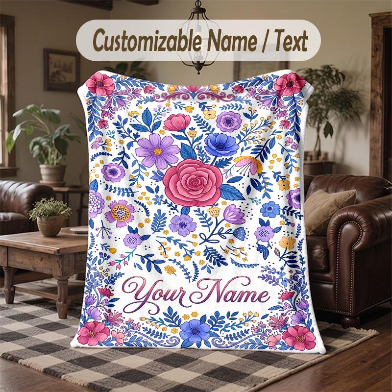 Floral Art 9 Theme Throw Blanket Custom Name Text Personalized Blanket Soft Cozy Blanket for Home Sofa Bed