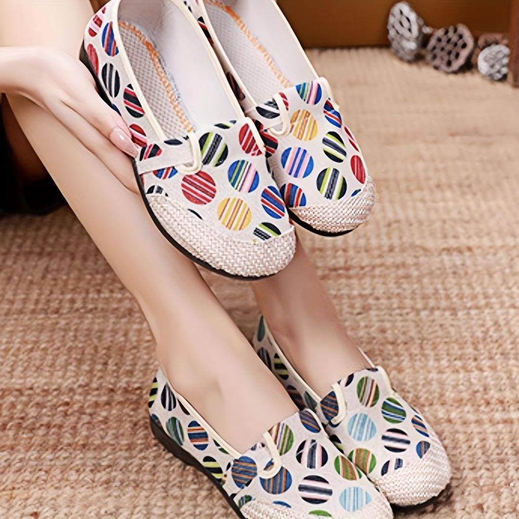 Women's Slip-On Flat Canvas Fisherman Shoes with Colorful Striped Pattern, Uppe Comfortable Casual Loafers for All-Day Wear